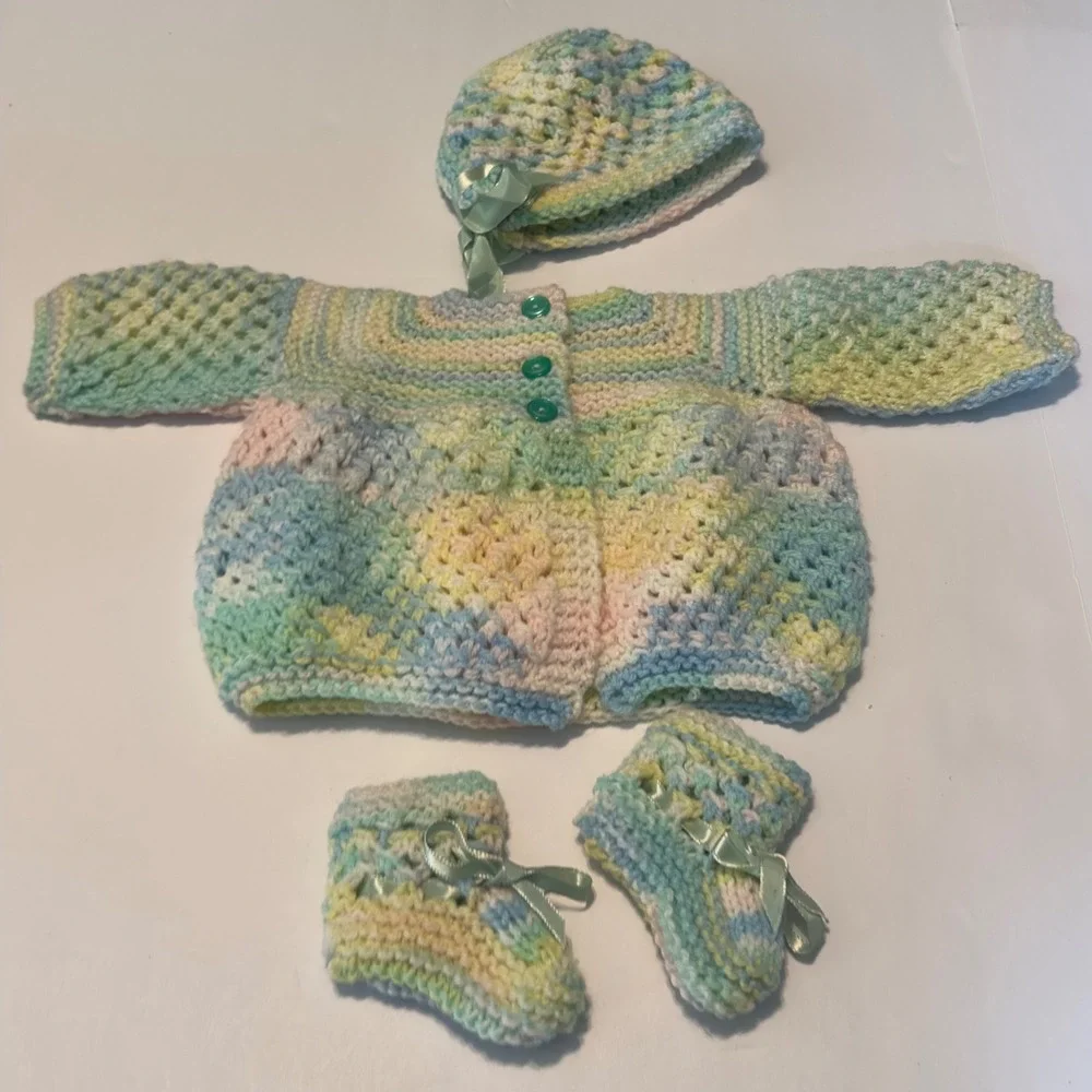 Handmade Crochet Baby Cardigan Set Pastel Multicolor Bonnet Booties 3 Piece
